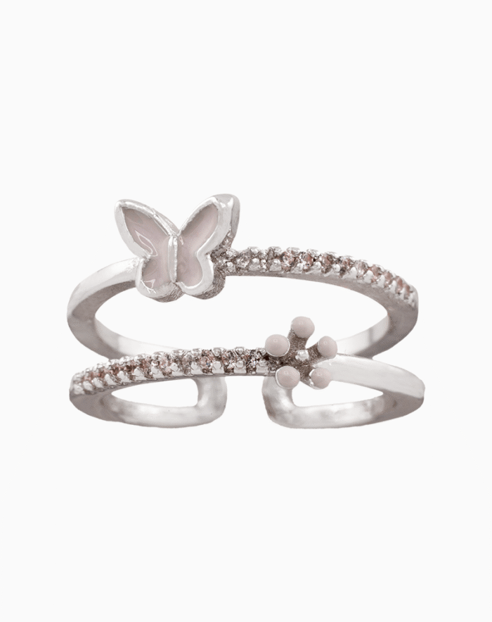 shoucka Dainty Butterfly & Blossom Ring | Silver-Tone Adjustable