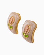 Pink Tulip Stud Earrings with Green Leaves and Gold Trim