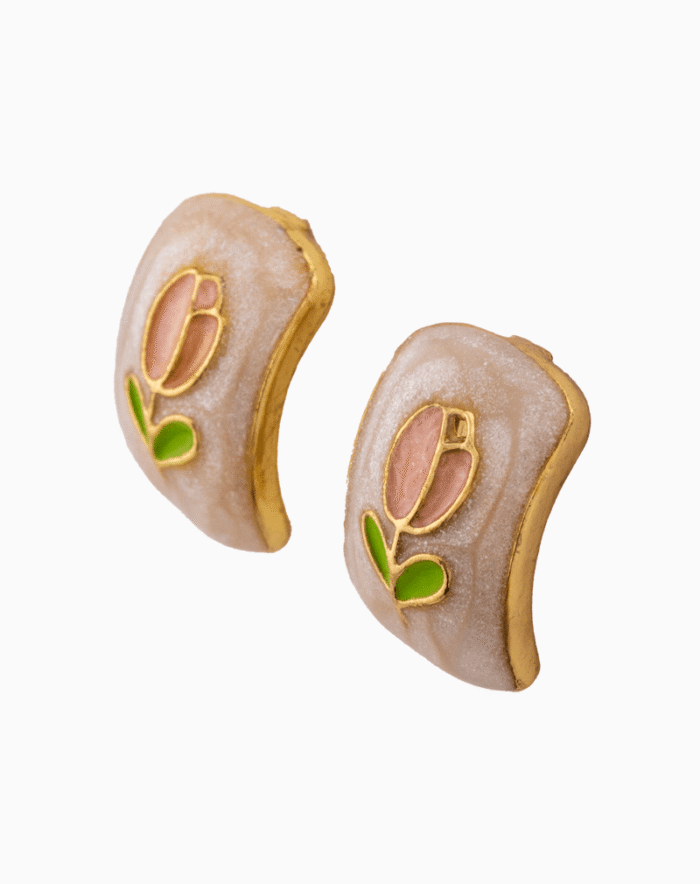 Pink Tulip Stud Earrings with Green Leaves and Gold Trim