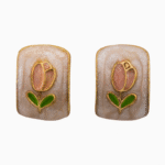 Pink Tulip Stud Earrings with Green Leaves and Gold Trim