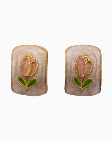 Pink Tulip Stud Earrings with Green Leaves and Gold Trim