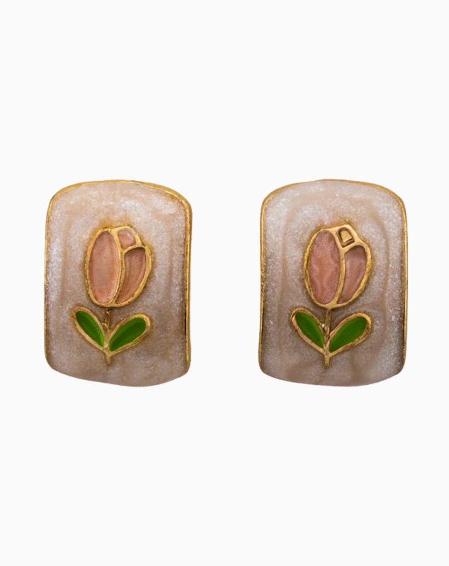 Pink Tulip Stud Earrings with Green Leaves and Gold Trim