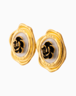 Golden Wax Seal Stud Earrings with Black Rose Design