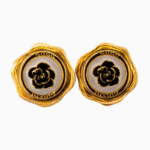 Golden Wax Seal Stud Earrings with Black Rose Design