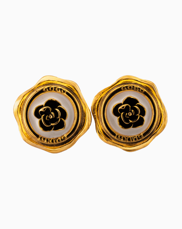 Golden Wax Seal Stud Earrings with Black Rose Design