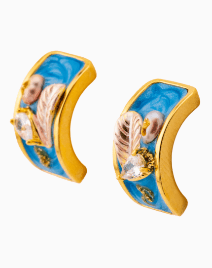 Gold Rectangle Stud Earrings with Pink Pearl and Teardrop Crystal