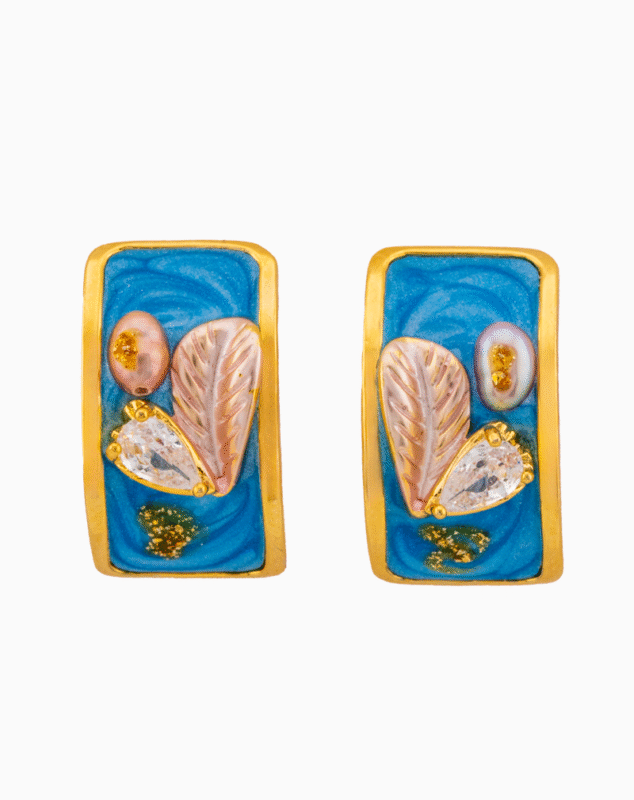 Gold Rectangle Stud Earrings with Pink Pearl and Teardrop Crystal