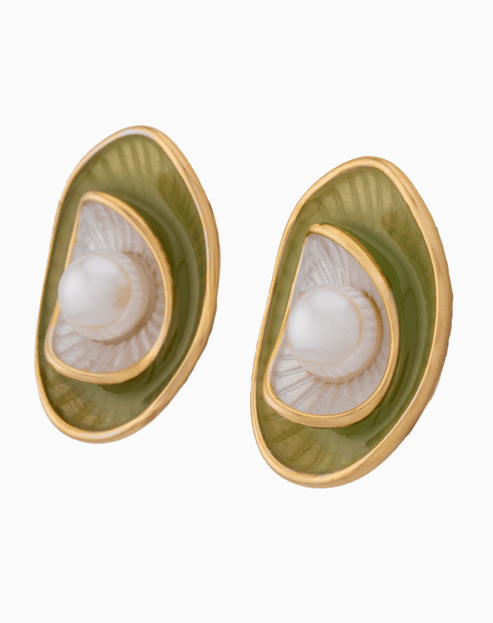 Gold Oval Stud Earrings with White Pearl and Green Enamel
