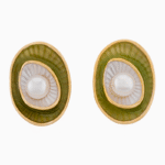 Gold Oval Stud Earrings with White Pearl and Green Enamel