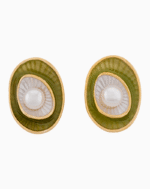 Gold Oval Stud Earrings with White Pearl and Green Enamel