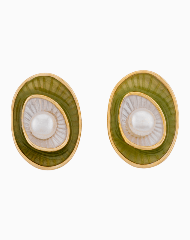 Gold Oval Stud Earrings with White Pearl and Green Enamel