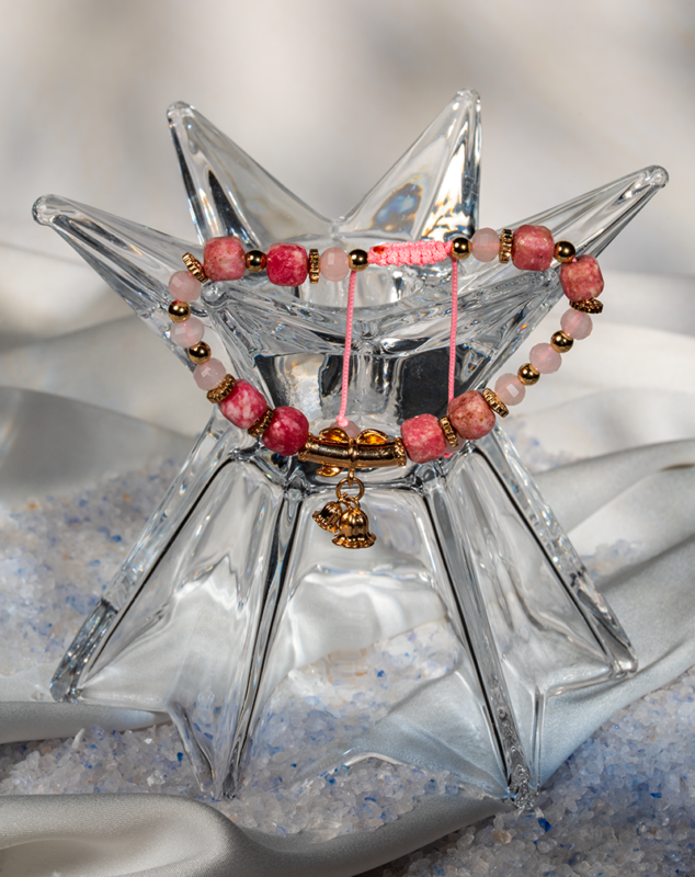 Women’s Rhodonite & Rose Quartz Bracelet with Bow Charm