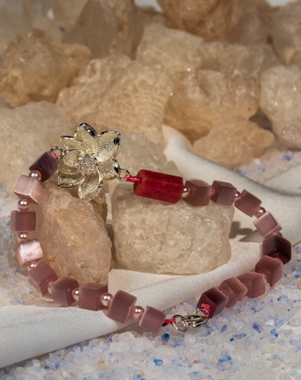 Women’s Rhodonite Bracelet with Silver Lotus Charm