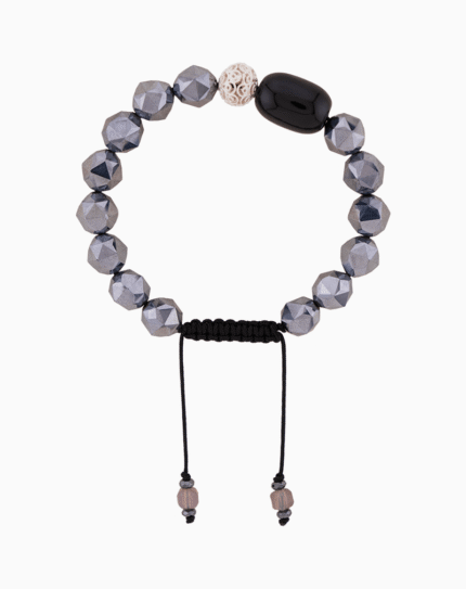 Women’s Hematite and Onyx Bracelet with Carved Bead