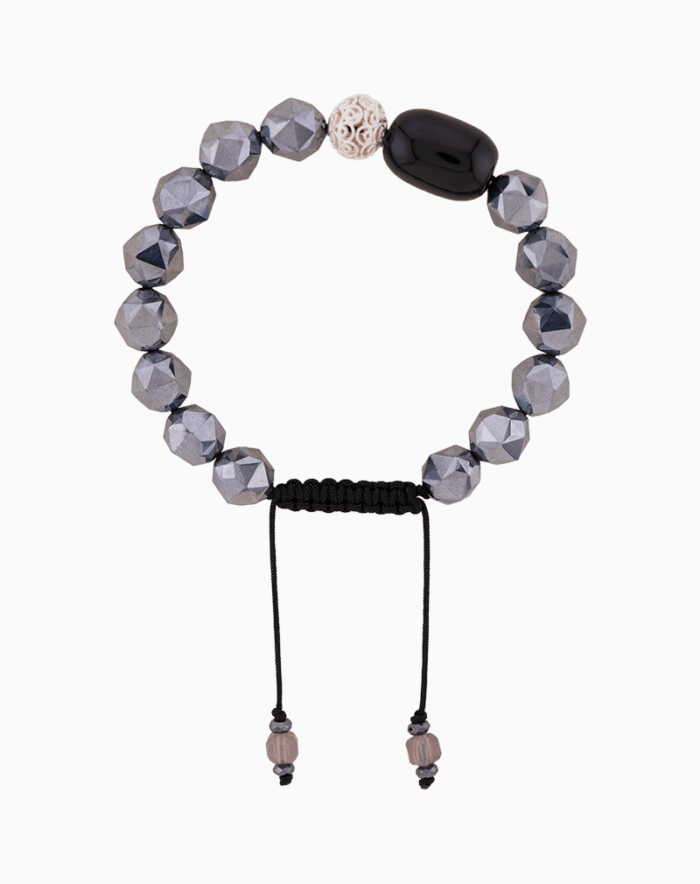 Women’s Hematite and Onyx Bracelet with Carved Bead