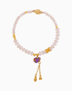 دستبند زنانه صدفی آویز قلب بنفش و پروانه طلایی