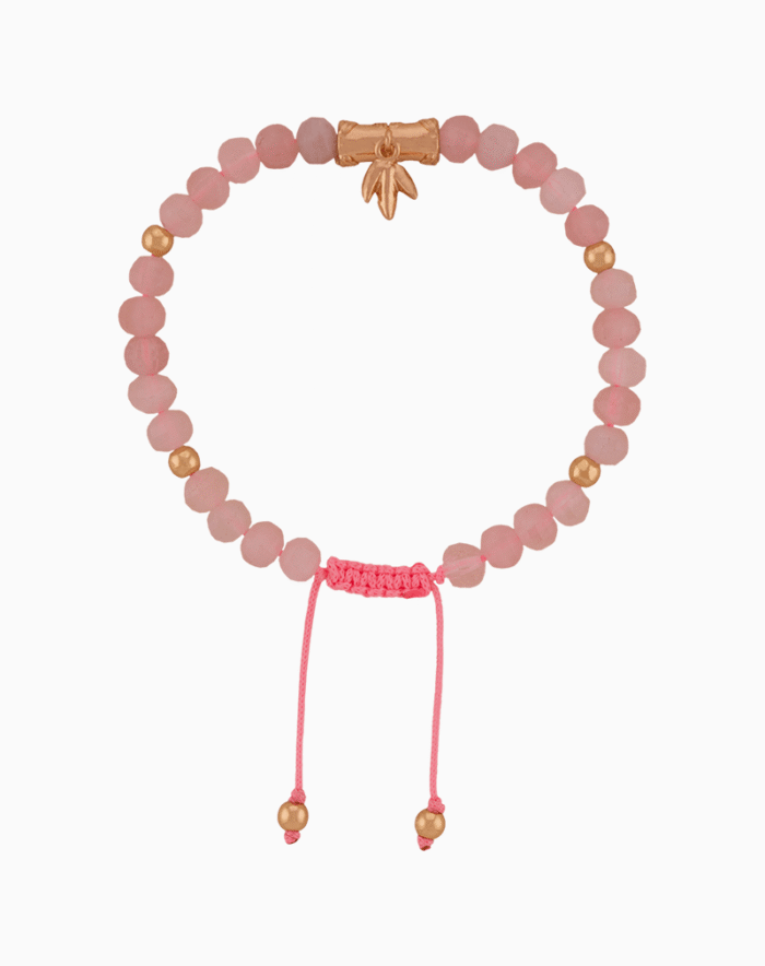 Women’s Rose Quartz Stone Bracelet with Rose Gold Leaf Charm