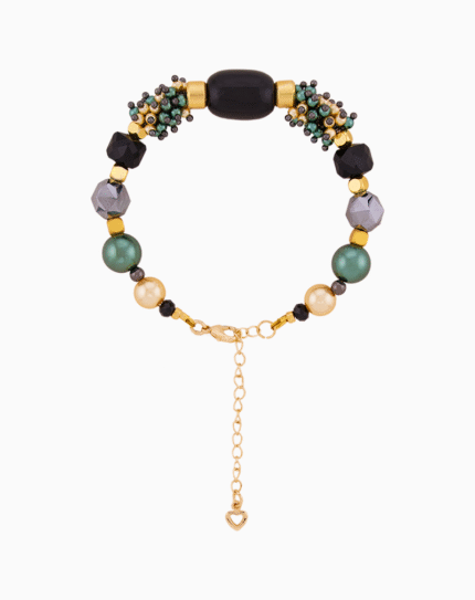 دستبند زنانه شوکا مدل حدید و مروارید سبز طلایی دست‌ساز