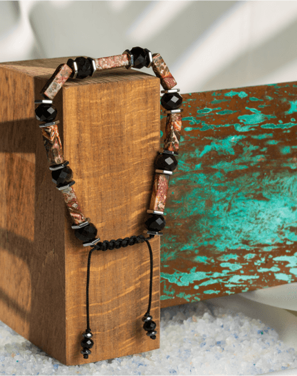 دستبند زنانه جاسپر قرمز و اونیکس مشکی | دست‌ساز طبیعی | شوکا