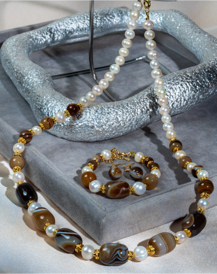 خرید ست زنانه «مهتاب کهربایی» شوکا | عقیق طبیعی و مروارید کرمی