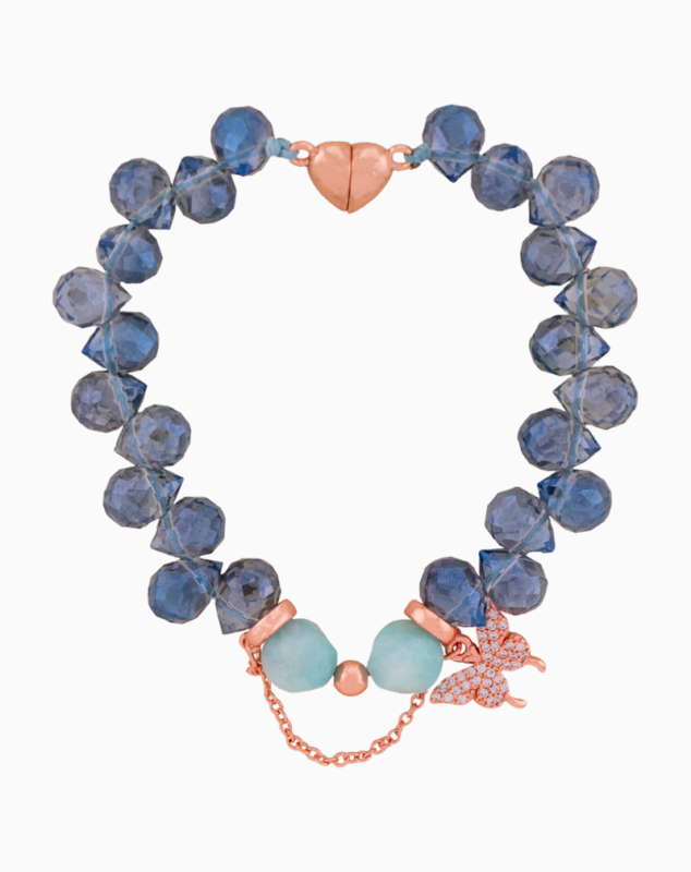 دستبند زنانه شوکا با سنگ آمازونیت و کریستال آبی، آویز خرس مسی، طراحی دست‌ساز و ترندی.