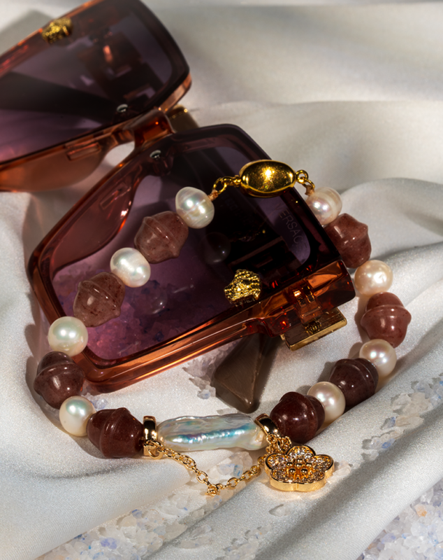 دستبند رزکوارتز توت فرنگی و مروارید اصل