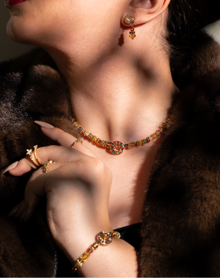 ست سیترین طبیعی شوکا با ترکیب سنگ سیترین طلایی و مهره‌های رنگارنگ، زیورآلاتی شاد و خاص شامل گردنبند، دستبند و گوشواره مناسب استایل‌های متفاوت.